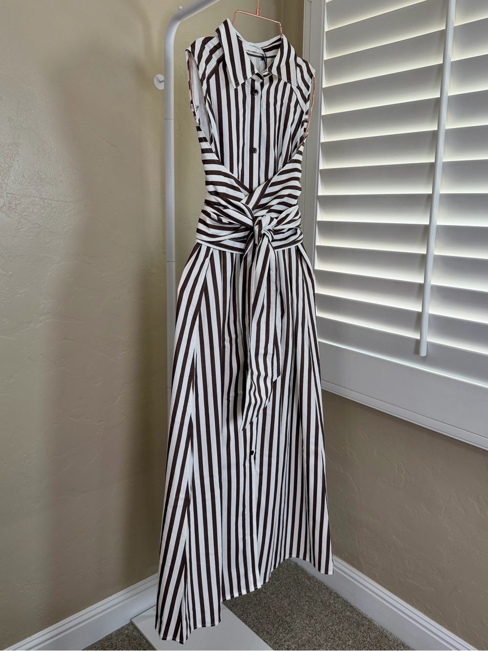 Commense Brown Ivory Striped Linen Blend Tie Waist Maxi Midi Dress Small NWT - Picture 3 of 8